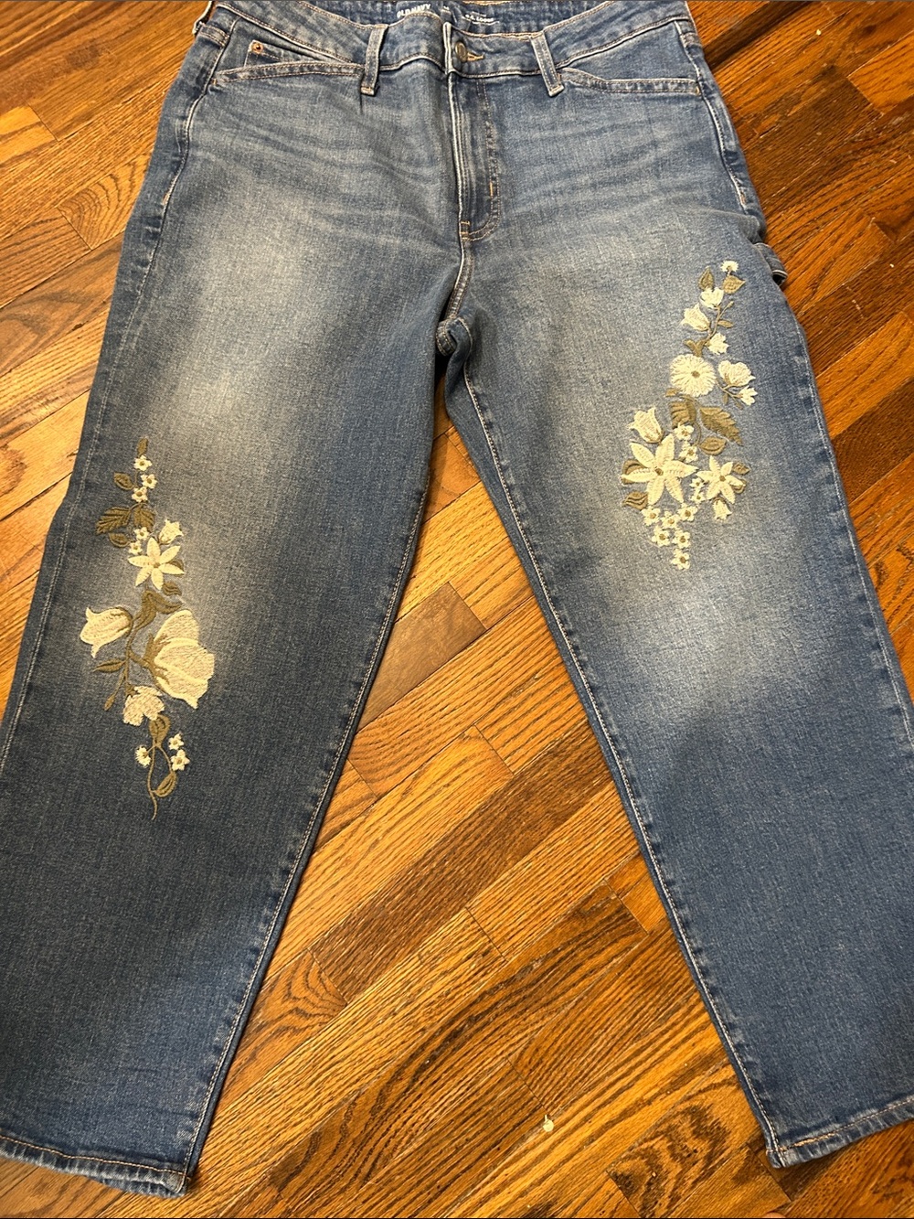 Old Navy Blue Boyfriend Jeans with Floral Embroidery SZ 14